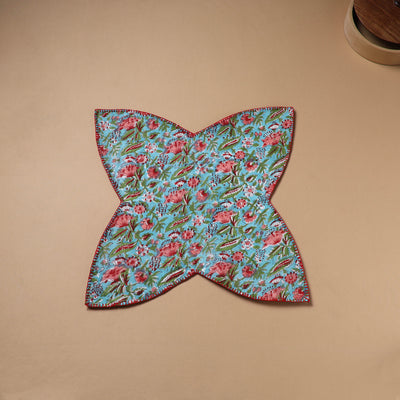 Blue - Hand Embroidered Floral Block Print Cotton Roti Napkin 05