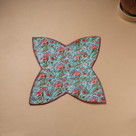 Blue - Hand Embroidered Floral Block Print Cotton Roti Napkin 05