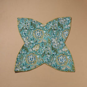 Blue - Hand Embroidered Floral Block Print Cotton Roti Napkin 06