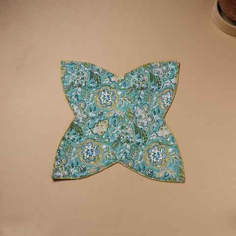 Blue - Hand Embroidered Floral Block Print Cotton Roti Napkin 06