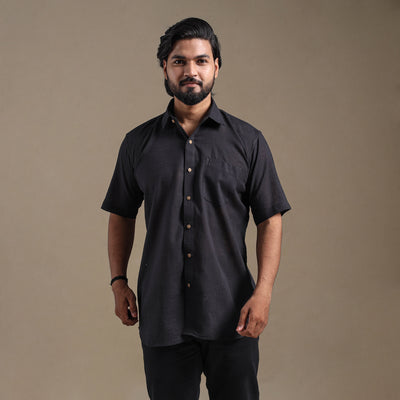 Black Half Sleeve Slub Cotton Men Plain Shirt
