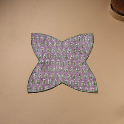 Purple - Hand Embroidered Floral Block Print Cotton Roti Napkin 07