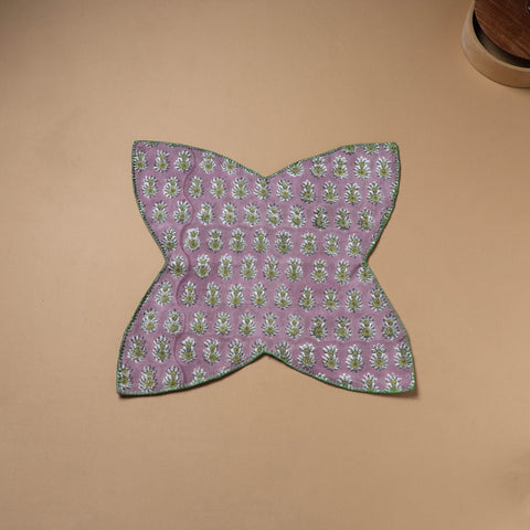 Purple - Hand Embroidered Floral Block Print Cotton Roti Napkin 07
