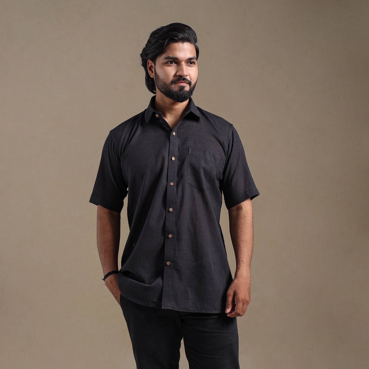 Black Half Sleeve Slub Cotton Men Plain Shirt