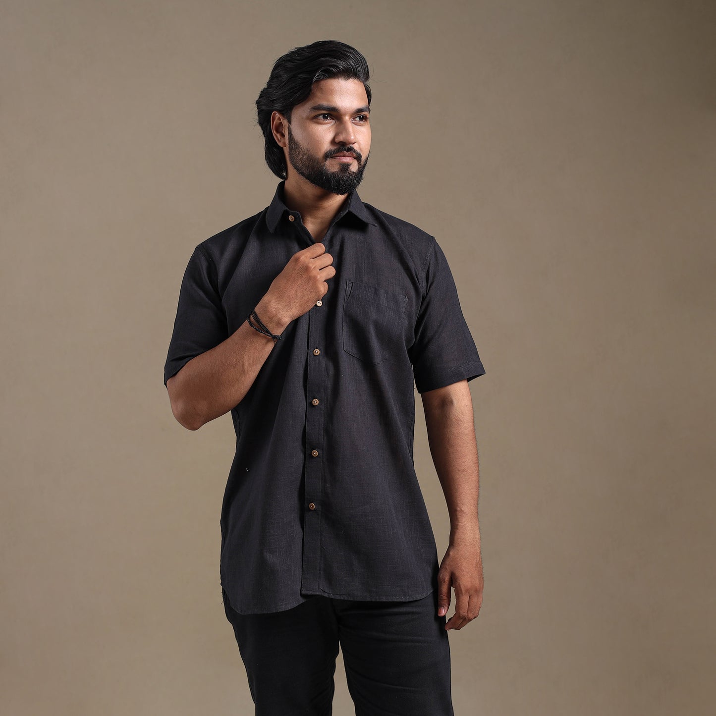 Black Half Sleeve Slub Cotton Men Plain Shirt