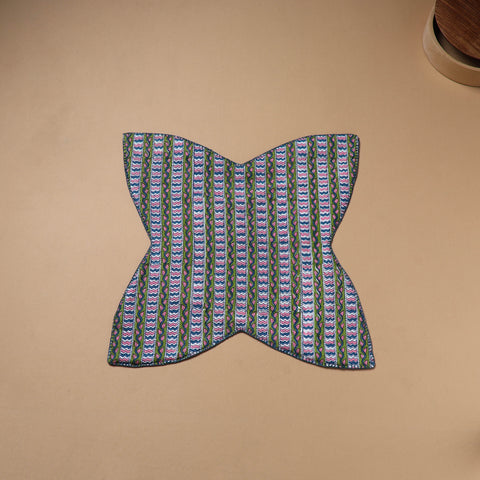 Green - Hand Embroidered Floral Block Print Cotton Roti Napkin 08