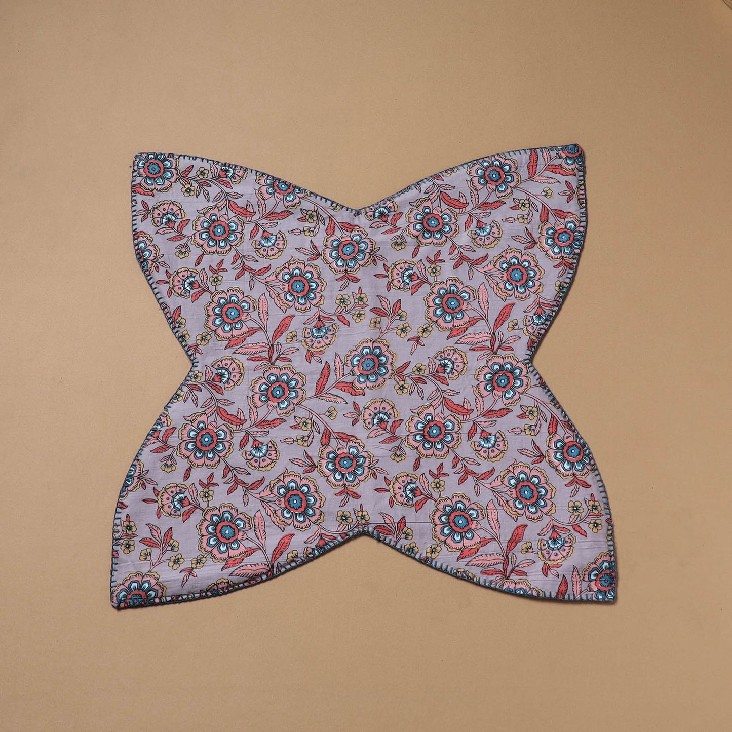 Purple - Hand Embroidered Floral Block Print Cotton Roti Napkin 09