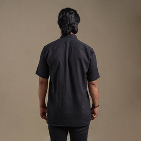 Black Half Sleeve Slub Cotton Men Plain Shirt