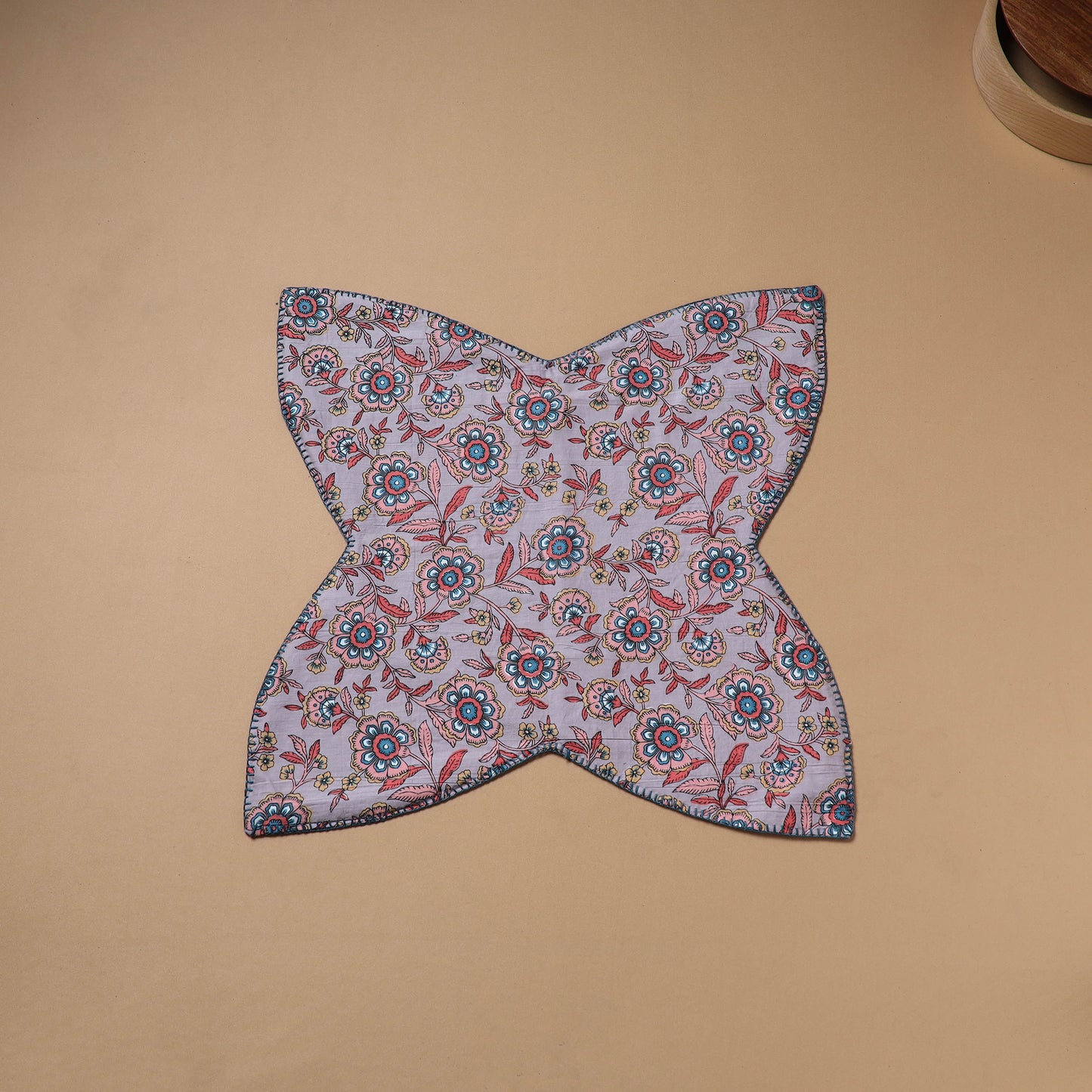 Purple - Hand Embroidered Floral Block Print Cotton Roti Napkin 09