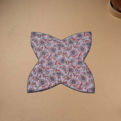 Purple - Hand Embroidered Floral Block Print Cotton Roti Napkin 09