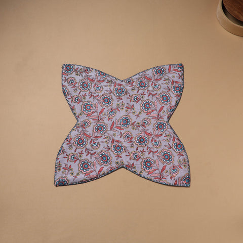Purple - Hand Embroidered Floral Block Print Cotton Roti Napkin 09
