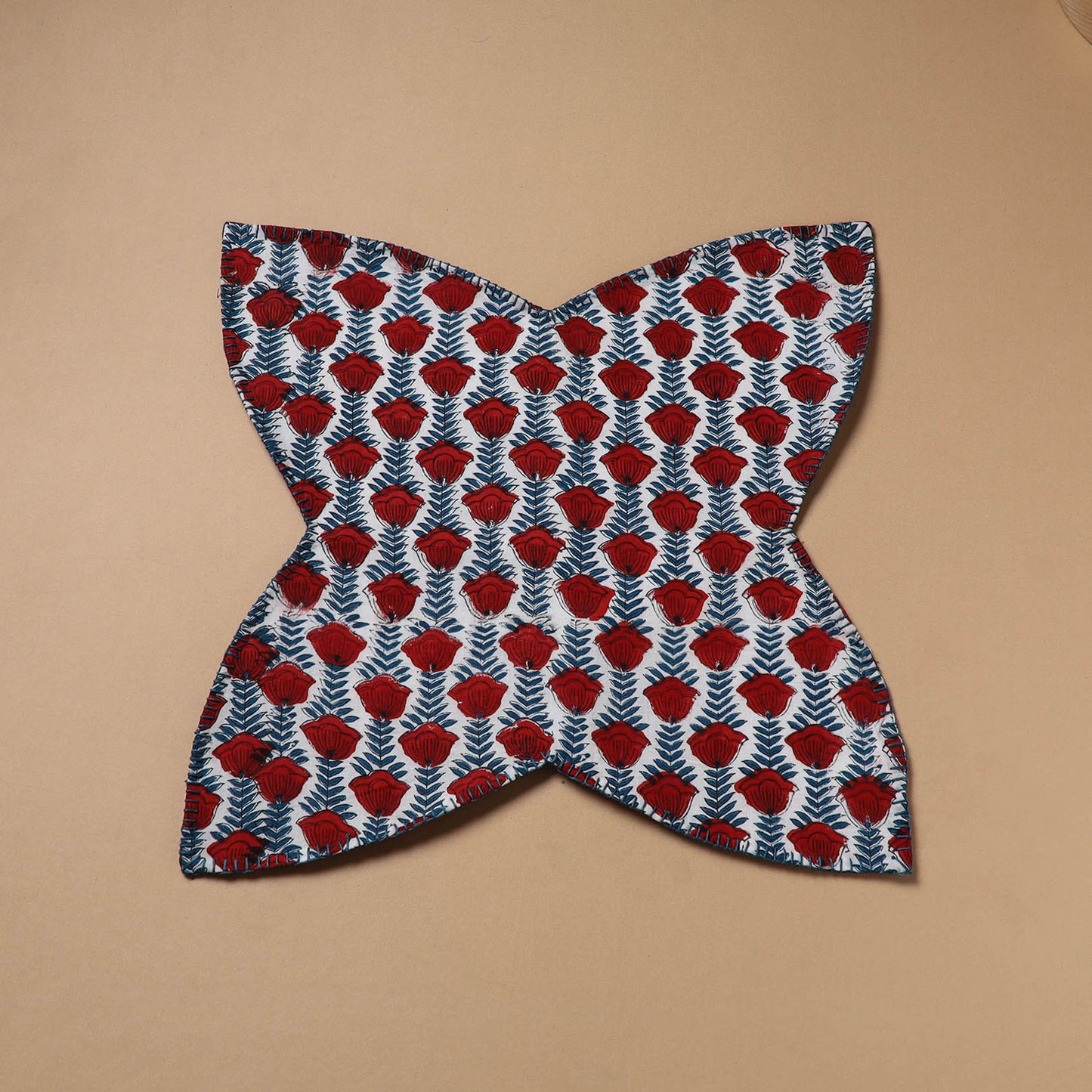 Red - Hand Embroidered Floral Block Print Cotton Roti Napkin 10