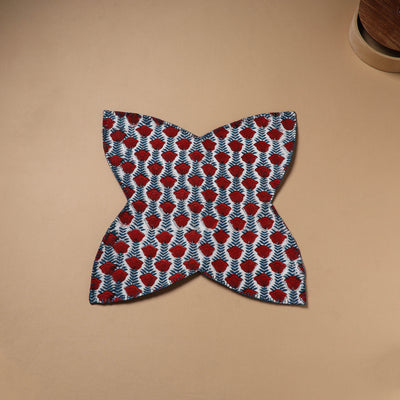 Red - Hand Embroidered Floral Block Print Cotton Roti Napkin 10