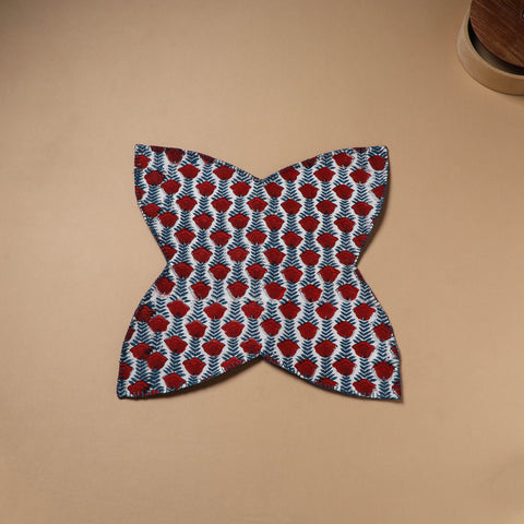 Red - Hand Embroidered Floral Block Print Cotton Roti Napkin 10