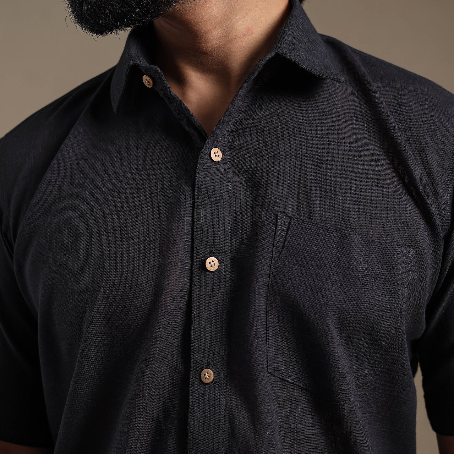 Black Half Sleeve Slub Cotton Men Plain Shirt