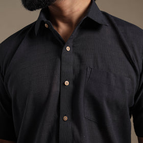 Black Half Sleeve Slub Cotton Men Plain Shirt