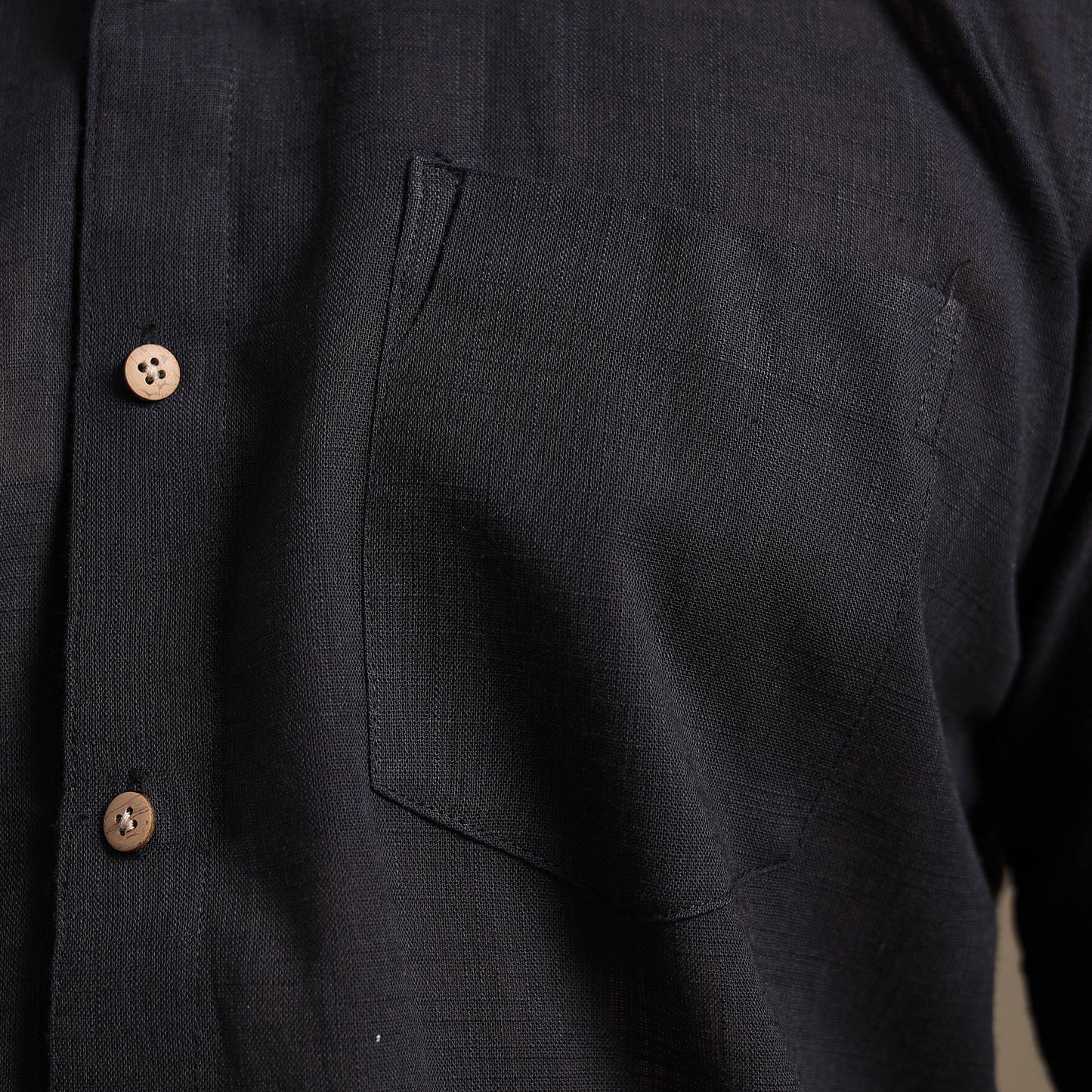 Black Half Sleeve Slub Cotton Men Plain Shirt
