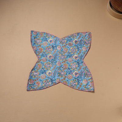Blue - Hand Embroidered Floral Block Print Cotton Roti Napkin 11