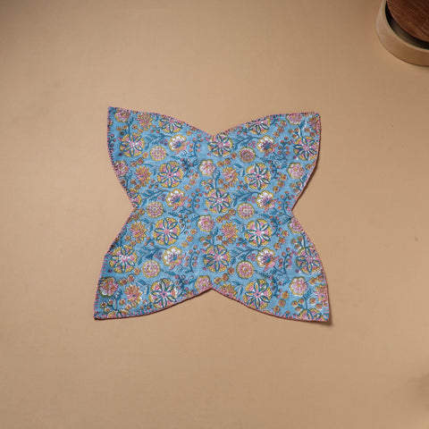 Blue - Hand Embroidered Floral Block Print Cotton Roti Napkin 11