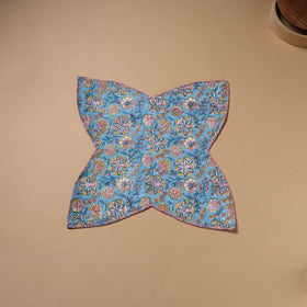Blue - Hand Embroidered Floral Block Print Cotton Roti Napkin 11