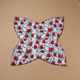 Red - Hand Embroidered Floral Block Print Cotton Roti Napkin 12