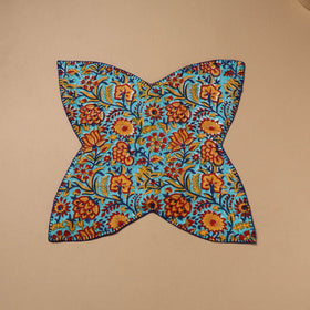 Blue - Hand Embroidered Floral Block Print Cotton Roti Napkin 14