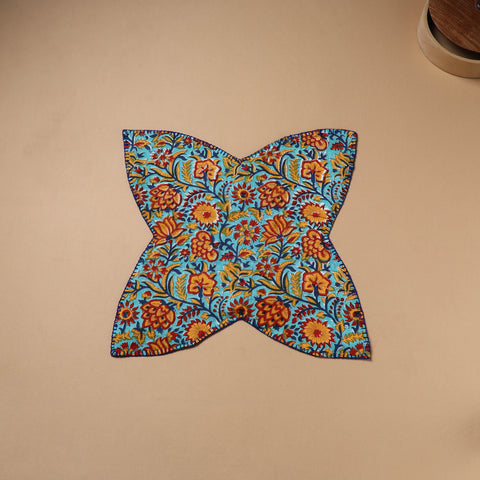 Blue - Hand Embroidered Floral Block Print Cotton Roti Napkin 14