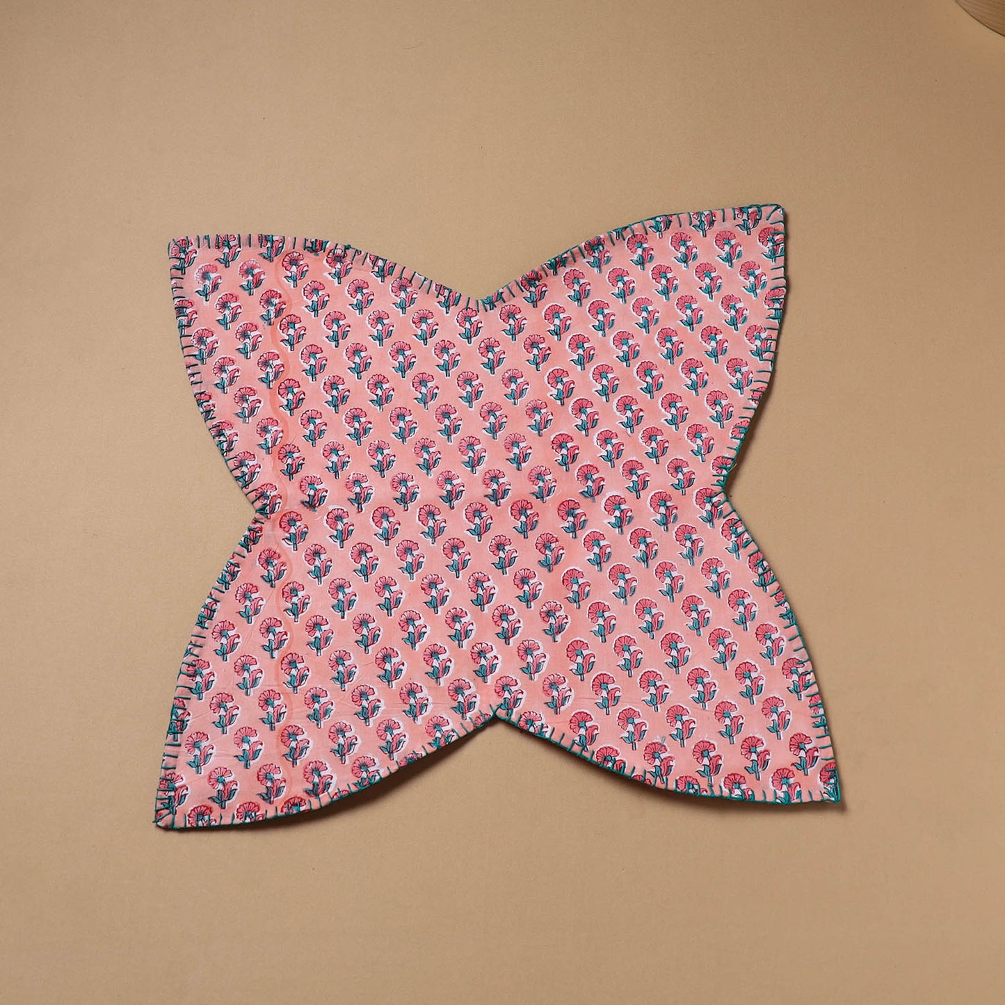 Pink - Hand Embroidered Floral Block Print Cotton Roti Napkin 15