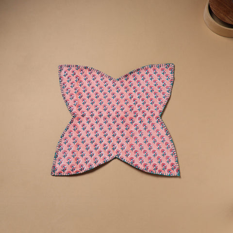 Pink - Hand Embroidered Floral Block Print Cotton Roti Napkin 15