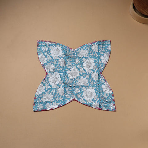 Blue - Hand Embroidered Floral Block Print Cotton Roti Napkin 16