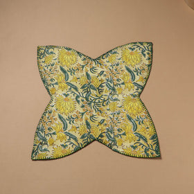 Yellow - Hand Embroidered Floral Block Print Cotton Roti Napkin 17