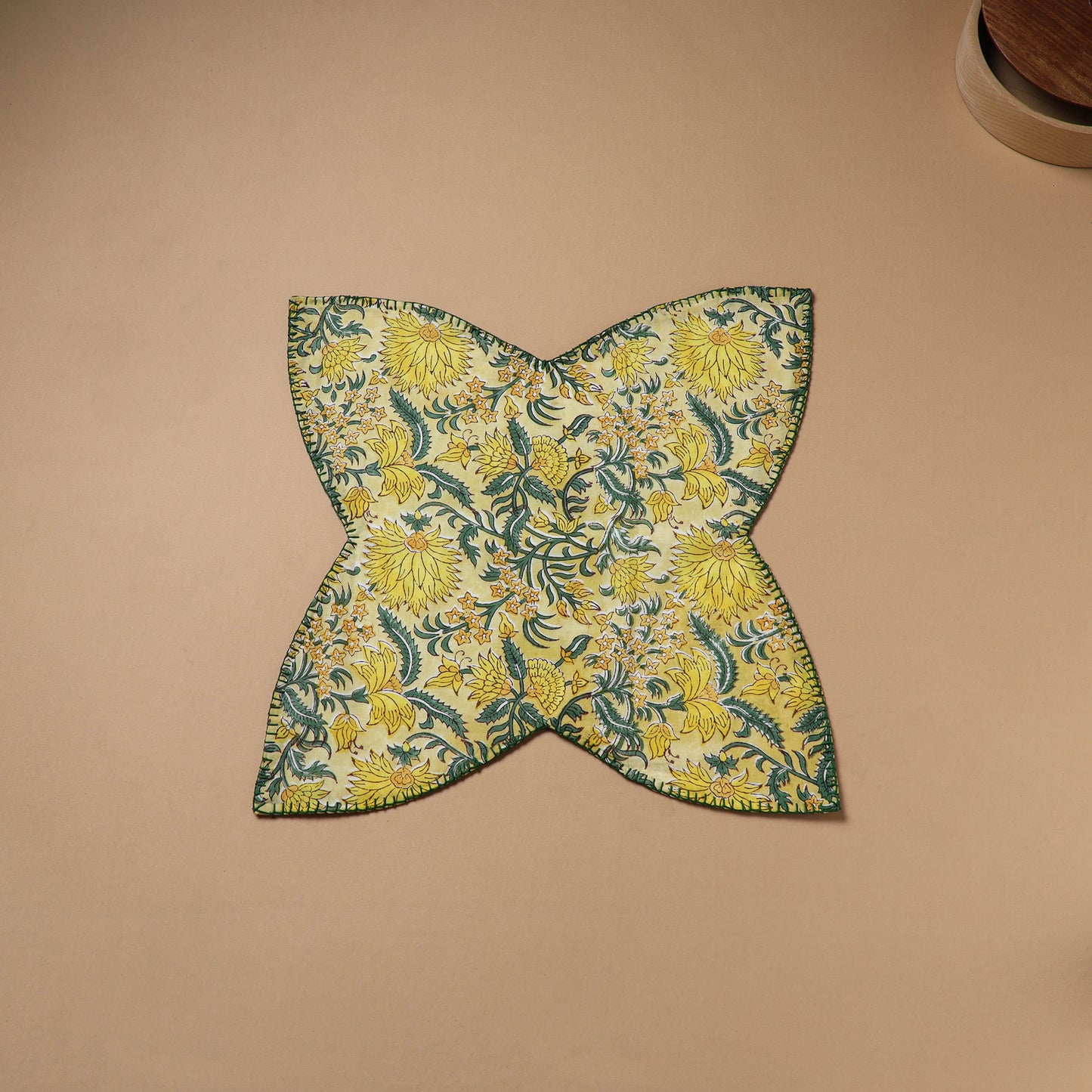 Yellow - Hand Embroidered Floral Block Print Cotton Roti Napkin 17