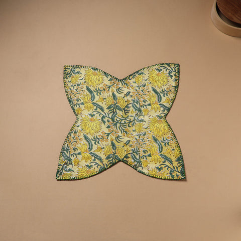 Yellow - Hand Embroidered Floral Block Print Cotton Roti Napkin 17