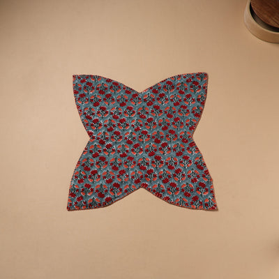 Red - Hand Embroidered Floral Block Print Cotton Roti Napkin 19