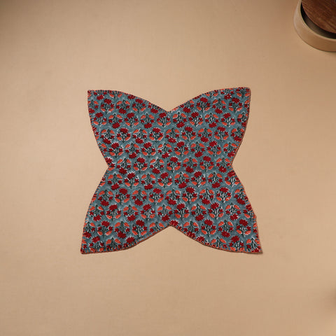 Red - Hand Embroidered Floral Block Print Cotton Roti Napkin 19