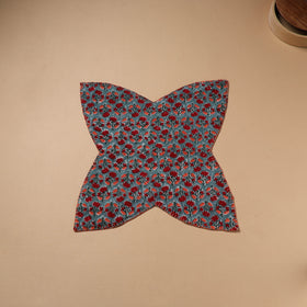 Red - Hand Embroidered Floral Block Print Cotton Roti Napkin 19