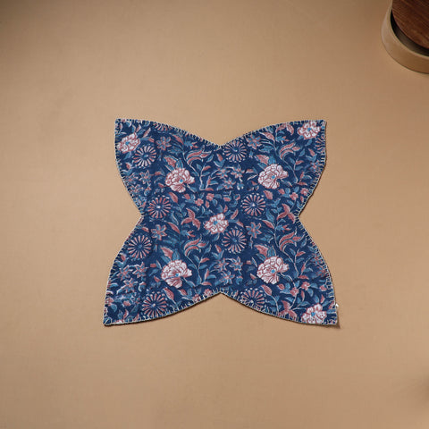 Blue - Hand Embroidered Floral Block Print Cotton Roti Napkin 21