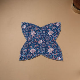 Blue - Hand Embroidered Floral Block Print Cotton Roti Napkin 21