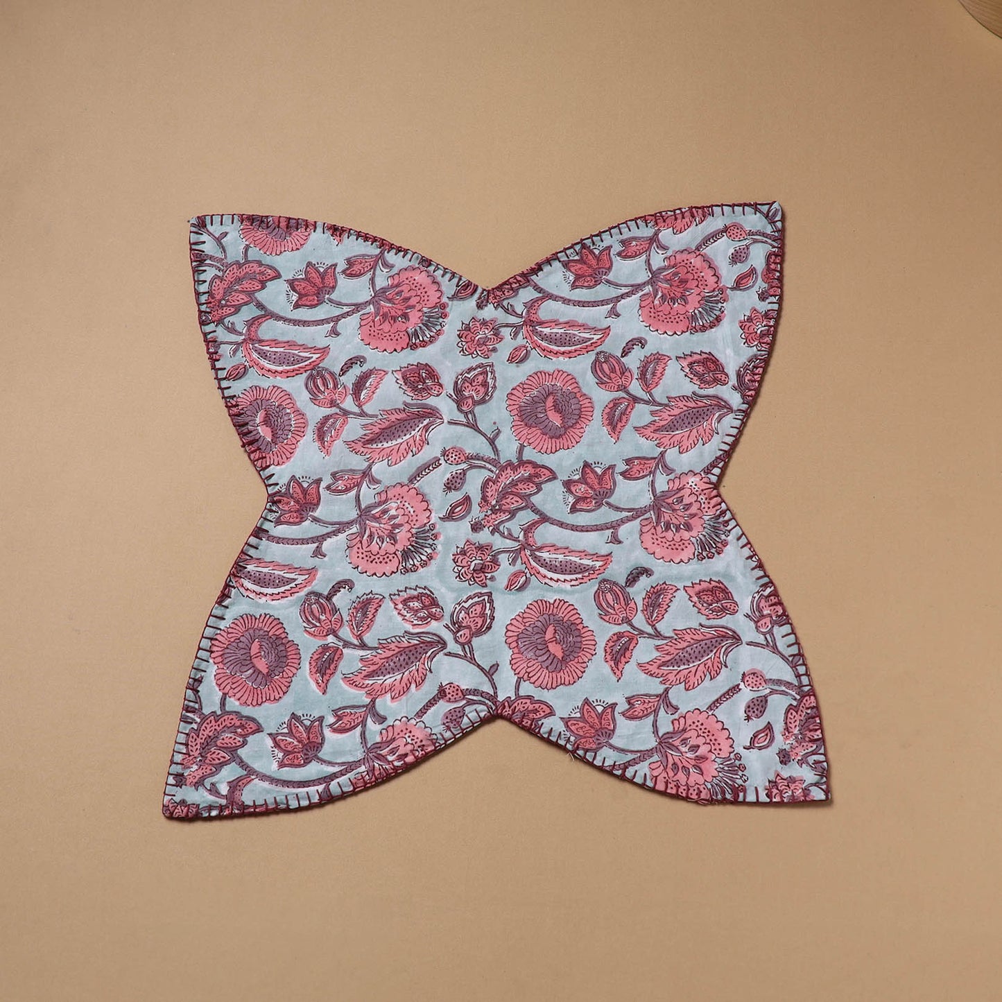 Mint - Hand Embroidered Floral Block Print Cotton Roti Napkin 22