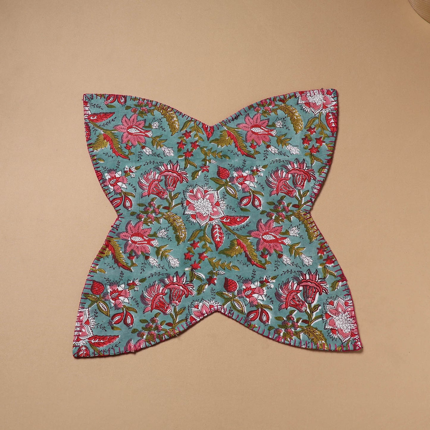 Multi colour - Hand Embroidered Floral Block Print Cotton Roti Napkin 23