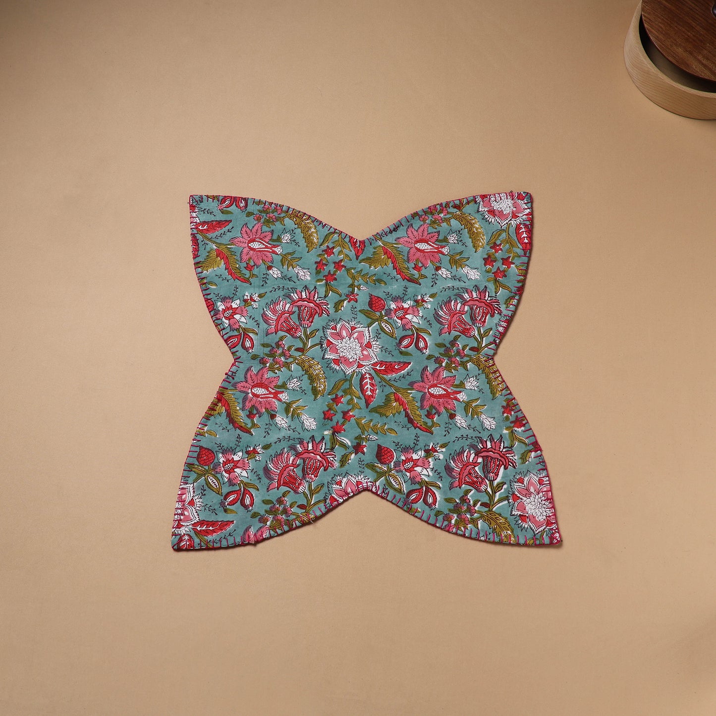 Multi colour - Hand Embroidered Floral Block Print Cotton Roti Napkin 23