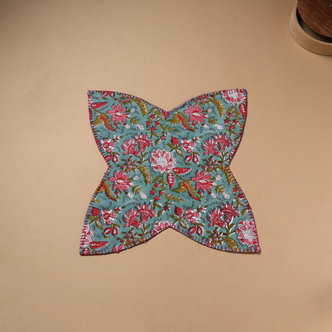 Multi colour - Hand Embroidered Floral Block Print Cotton Roti Napkin 23