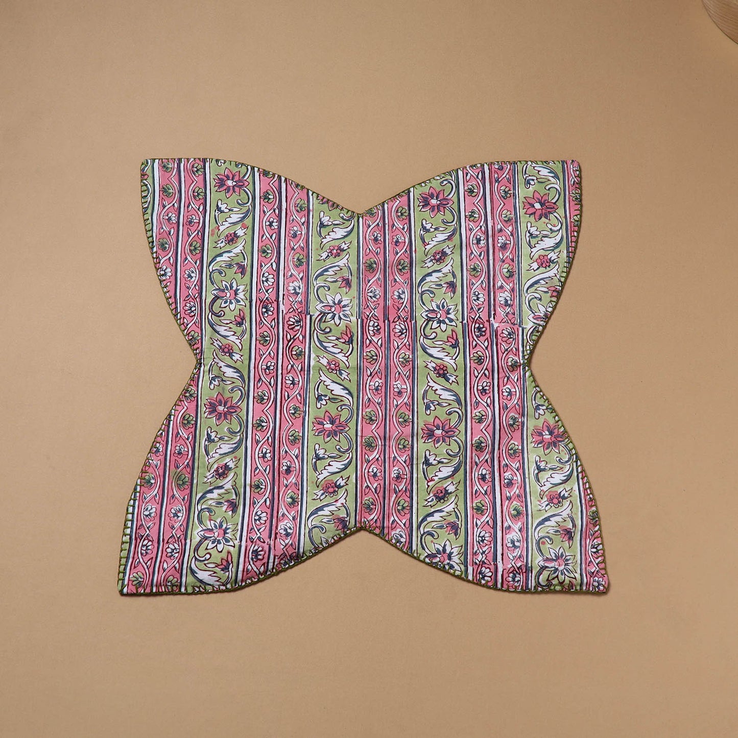 Pink - Hand Embroidered Floral Block Print Cotton Roti Napkin 24