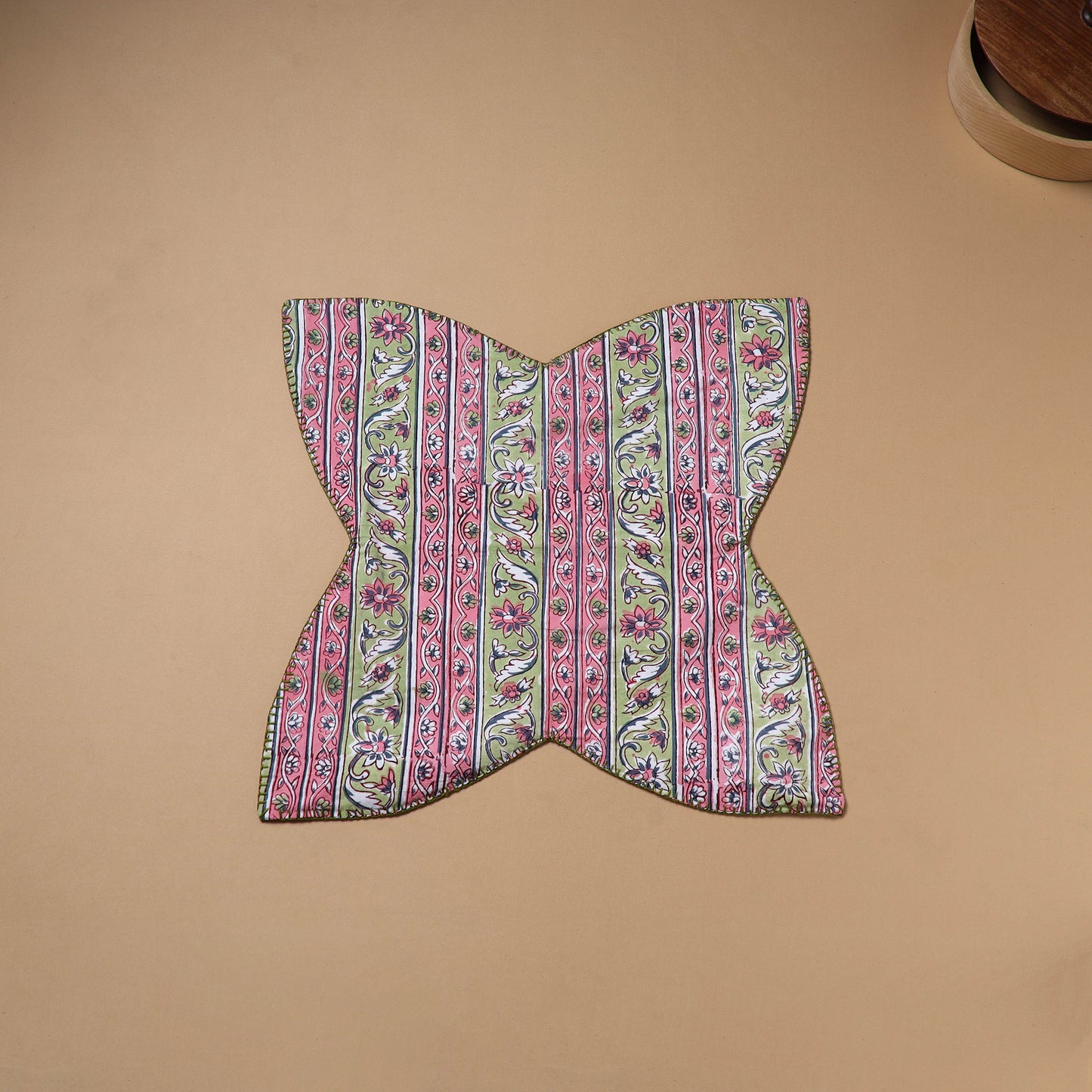 Pink - Hand Embroidered Floral Block Print Cotton Roti Napkin 24