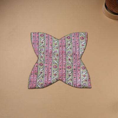 Pink - Hand Embroidered Floral Block Print Cotton Roti Napkin 24