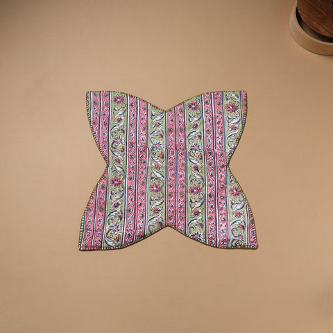 Pink - Hand Embroidered Floral Block Print Cotton Roti Napkin 24