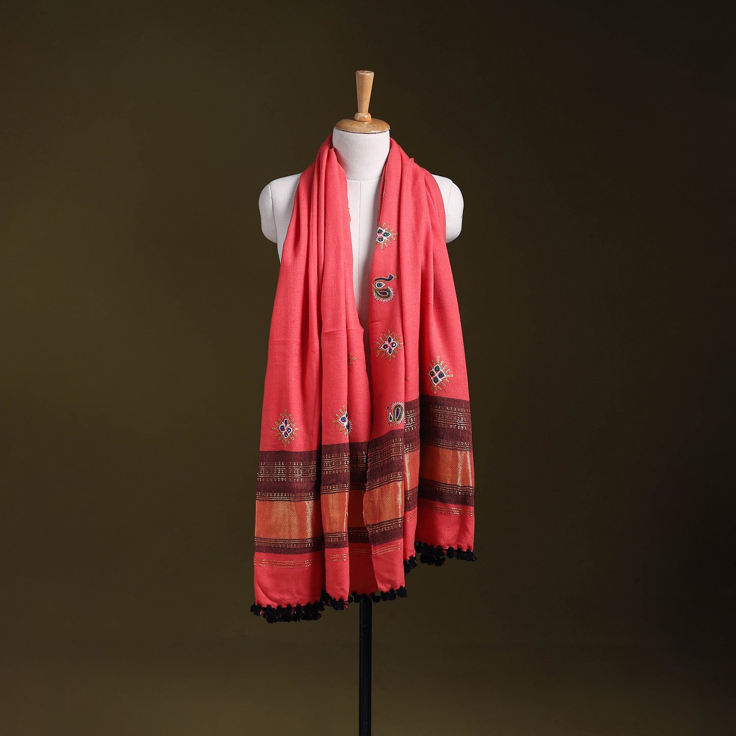 Pink - kutch ahir hand embroidery mirror work woollen shawl