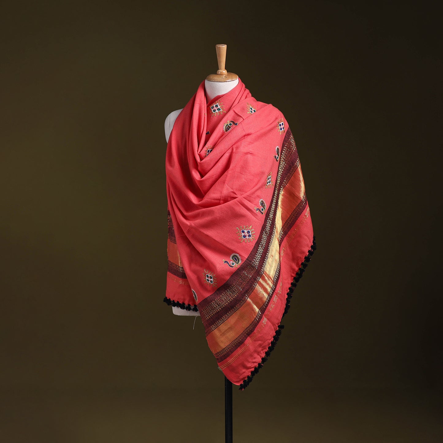 Pink - kutch ahir hand embroidery mirror work woollen shawl