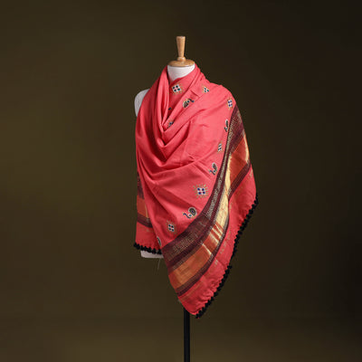 Pink - kutch ahir hand embroidery mirror work woollen shawl
