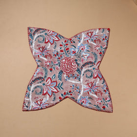 Peach - Hand Embroidered Floral Block Print Cotton Roti Napkin 27